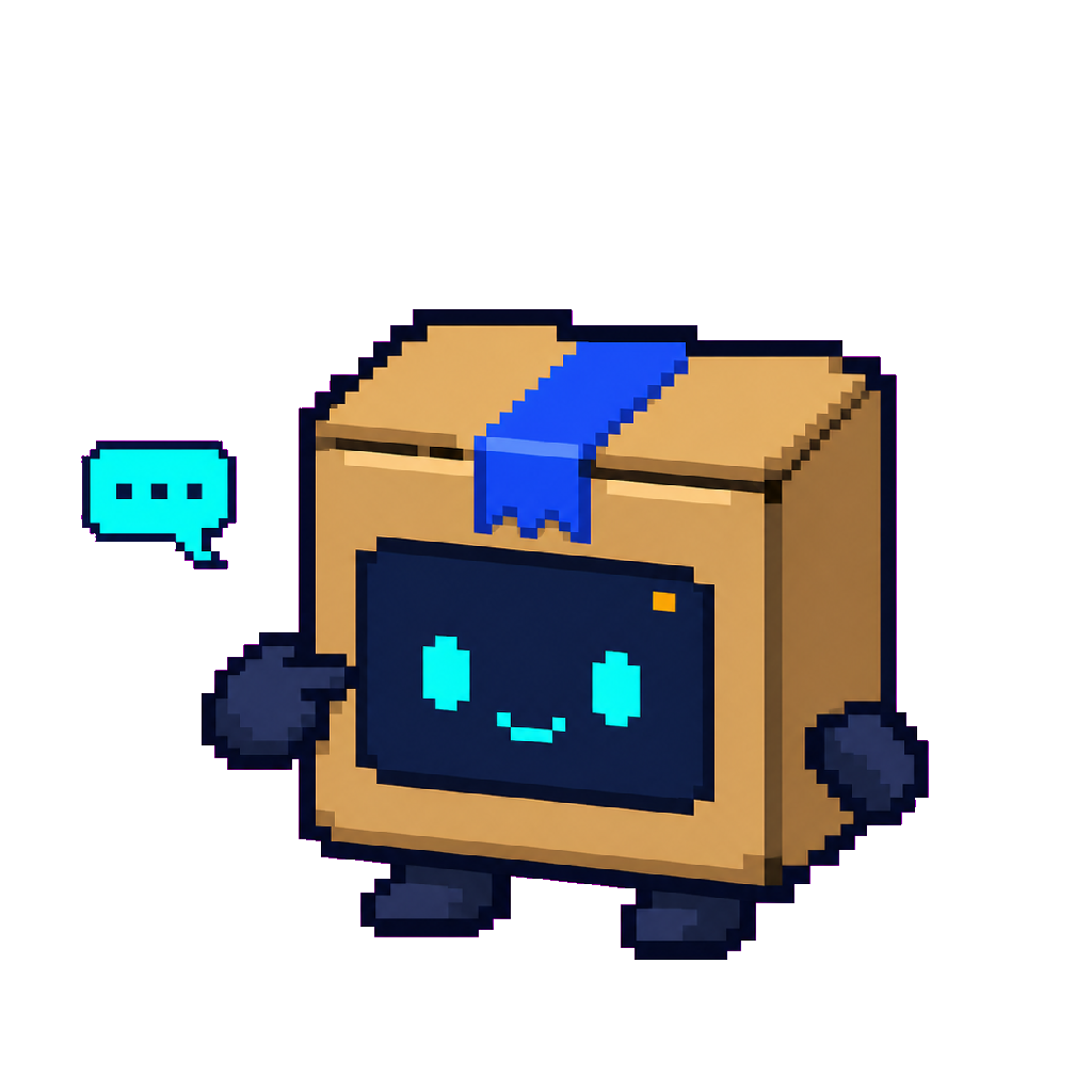 Zeno, Zeroth's co-pilot: a pixel-art cardboard box with a smiling screen for a face, next to a chat bubble